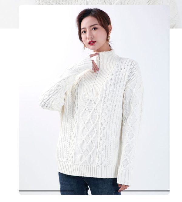 High quality thick twist solid color warm fleece tops elegant half zipper turtleneck pullover sweaters for women