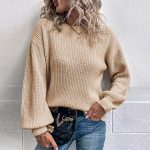 round neck solid color knitwear women lantern sleeve casual pullover sweaters