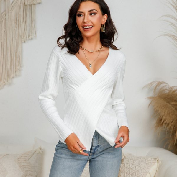 New style v neck slim fit sexy jumpers women solid color fashion long sleeve pullover elegant sweaters