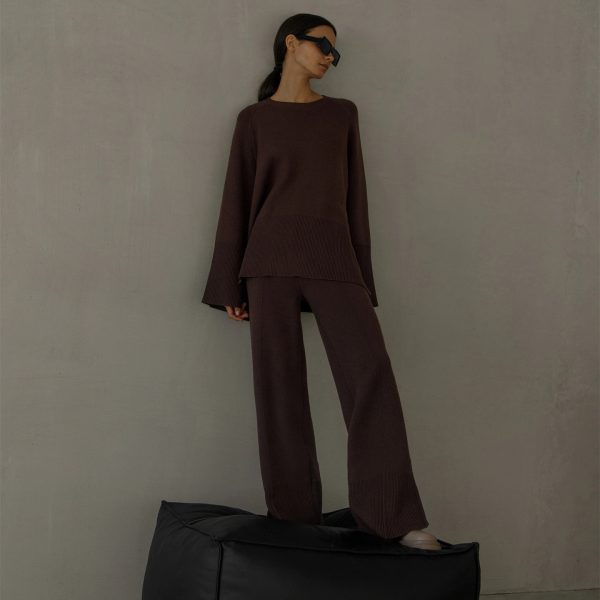 Clothing elegant pullover loungewear women fashion high quality solid color knitted wide leg pants 2 piece set