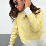 round neck jacquard knitwear women short plaid loose jumper color blocking sweaters