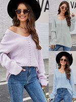 clothing V-neck casual pullover sweater women fashion solid color casual loose long-sleeve jumpers mujer