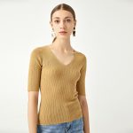 Hot selling single color deep v neck elegant knitwear slim fit sweater knitted sweater