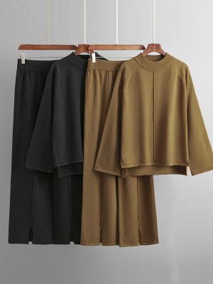 2026 Pullover Round Neck Jumper Palazzo Pants Women Loungewear Pajama Outfits Fall Winter Knit Sweater Two Piece Set