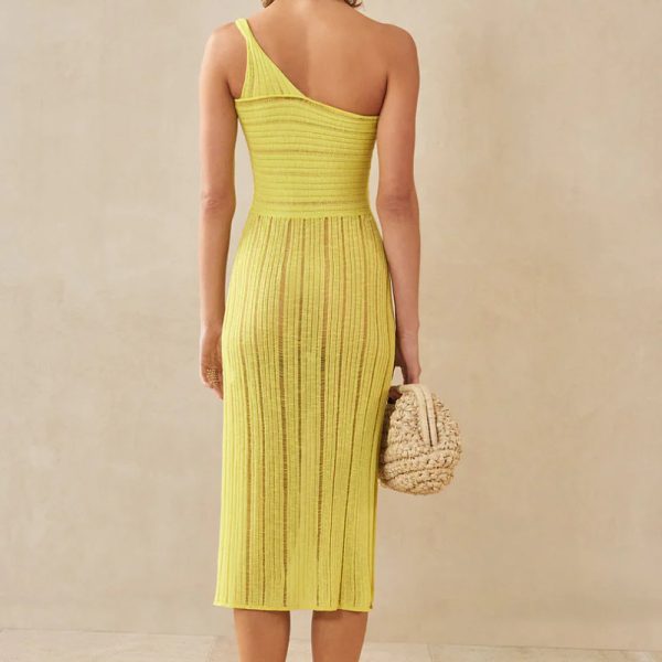 summer fashion knitted One Shoulder irregular design omen's sexy stylish hollow out see through mini vacation dress