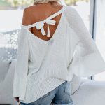 Spring Summer women fashion off shoulder solid color sweaters lace up loose elegant flare sleeve jumpers