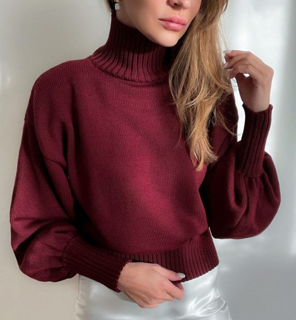 Hot selling women winter solid color puffy sleeve turtleneck fashion short knitwear casual sweater