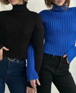 Autumn winter solid color basic jumpers Turtleneck slim fit cropped short knitwear women chunky needles sweater
