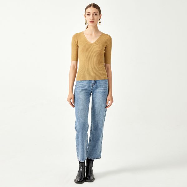 New design Five-quarter sleeve v neck Knitwear Spring summer Solid color Pullover elegant Women Sweater