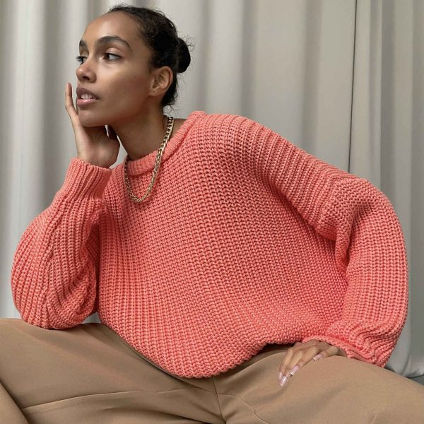 High quality round neck casual knitwear women thick fall winter pure color warm loose Women Sweater