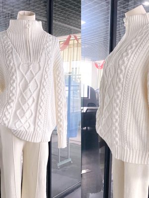 High quality thick twist solid color warm fleece tops elegant half zipper turtleneck pullover sweaters for women