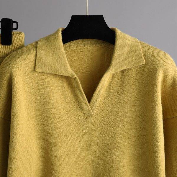 Autumn Winter Solid color Loose Polo Collar Sweater Wide Leg Pants Temperament Women's 2 piece knitted Set
