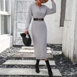 High quality elegant round neck knitwear button temperament commuter ladies sweater long maxi knitted dress for women