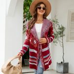 fashion women sweaters hooded knitted tassel cardigan jacquard sweater