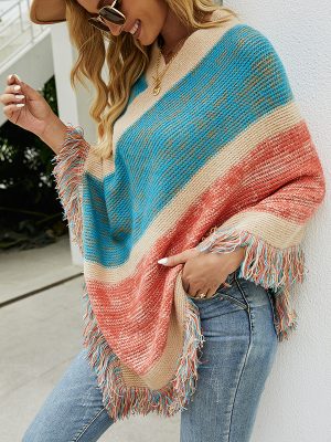 2026 new arrivals Color blocking knitwear striped knitted cape fashion V neck women tassel shawl