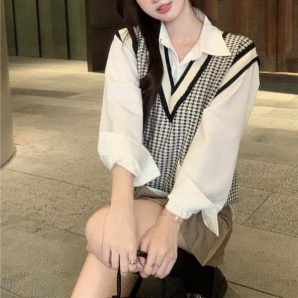 v neck autumn winter knitwear sleeveless vest color blocking loose unisex casual sweaters