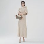 High-end design knitwear solid color women slim waist summer half-sleeve A-line long cable knitted dress