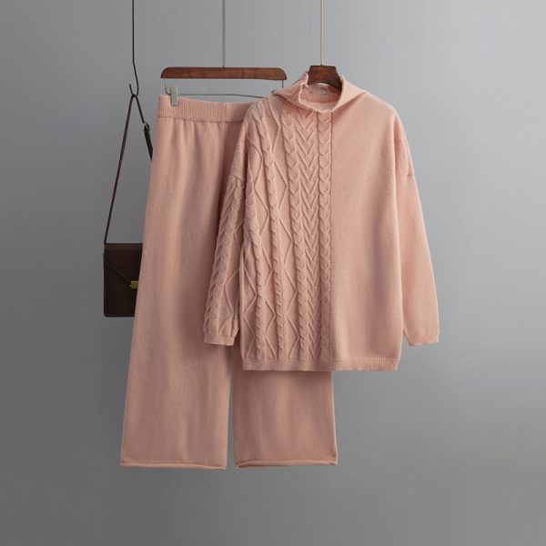 Trending Fashion Winter Autumn Casual Pullover Loungewear Elegant cable sweaters wide leg two piece pants set