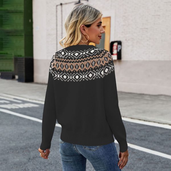 Fall Winter new style vintage jacquard color blocking knitted jumper Elegant loose pullover sweater