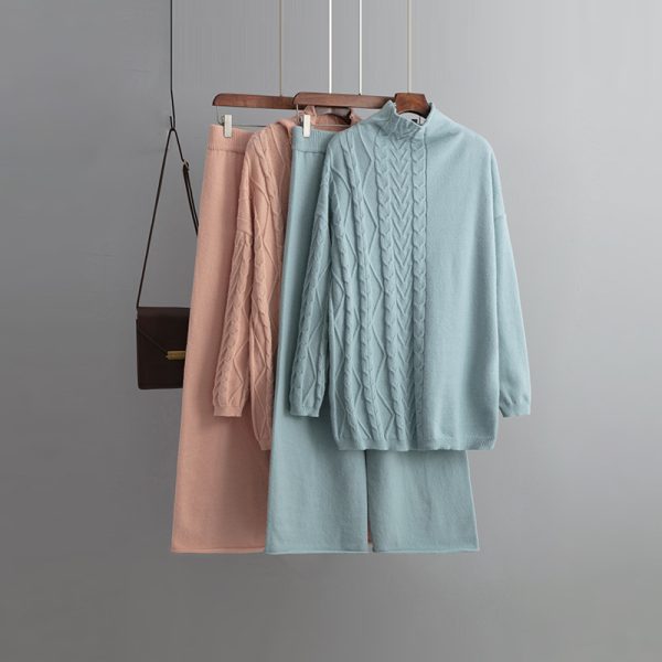 Trending Fashion Winter Autumn Casual Pullover Loungewear Elegant cable sweaters wide leg two piece pants set