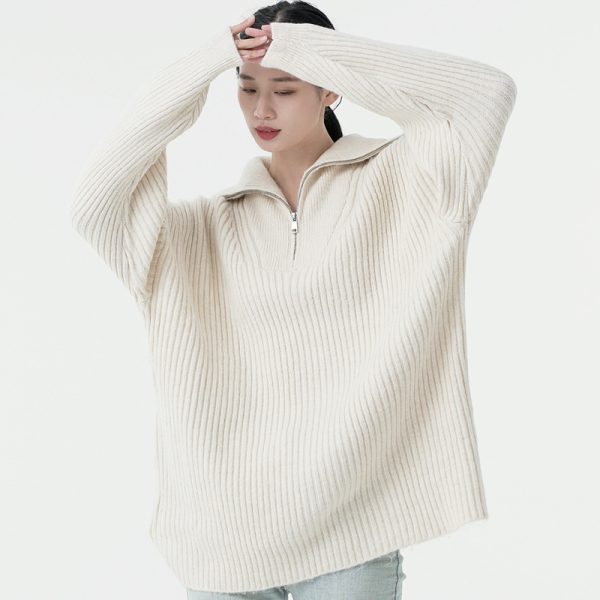 Knitwear autumn winter zipper turn down collar long sleeve luxury women cashmere pullover sweater