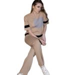 short sleeve round neck color blocking sweaters twinset wide leg 2 piece pants set summer women