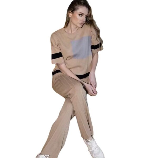 short sleeve round neck color blocking sweaters twinset wide leg 2 piece pants set summer women