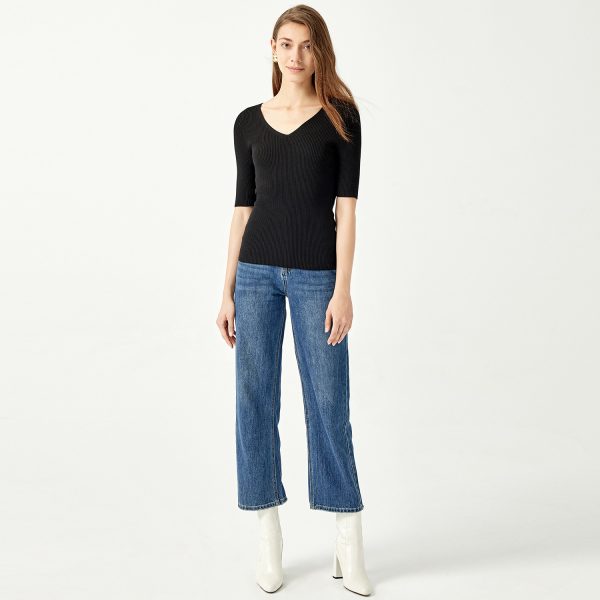 New design Five-quarter sleeve v neck Knitwear Spring summer Solid color Pullover elegant Women Sweater