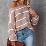 Trending fashion women off shoulder knitwear striped jumper mujer pullover elegant fall winter sweaters