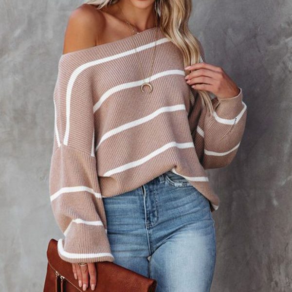 Trending fashion women off shoulder knitwear striped jumper mujer pullover elegant fall winter sweaters