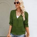 women hollow out sweater v neck Long Sleeve knitwear winter solid color knitted elegant cardigan