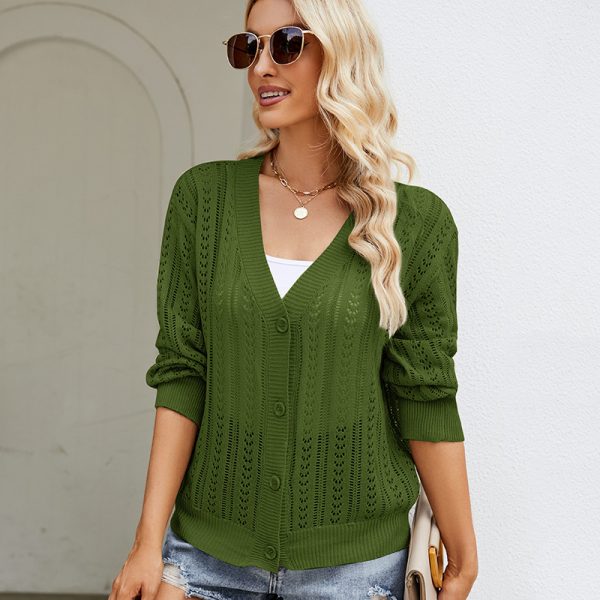women hollow out sweater v neck Long Sleeve knitwear winter solid color knitted elegant cardigan