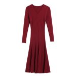women fashion long sleeve knitwear slim fit elegant pullover v neck sweater knit midi dress