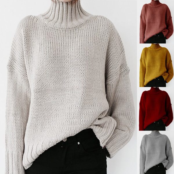 Turtle neck women solid color winter autumn oversize pullover casual Knit sweater