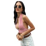 New arrivals fashion striped knitwear sleeveless sexy bodycon V neck backless summer knitted halter vest women
