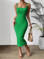 Trending fashion solid color casual knitwear sleeveless elegant slim fit sexy maxi spaghetti strap knit dress for women