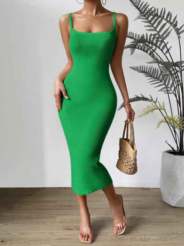 Trending fashion solid color casual knitwear sleeveless elegant slim fit sexy maxi spaghetti strap knit dress for women