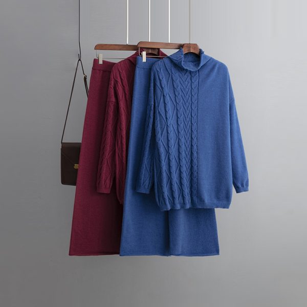 Trending Fashion Winter Autumn Casual Pullover Loungewear Elegant cable sweaters wide leg two piece pants set