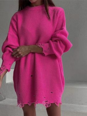 Hot sales oversize pure color knitwear o-neck elegant hollow out knitted women dress sweaters