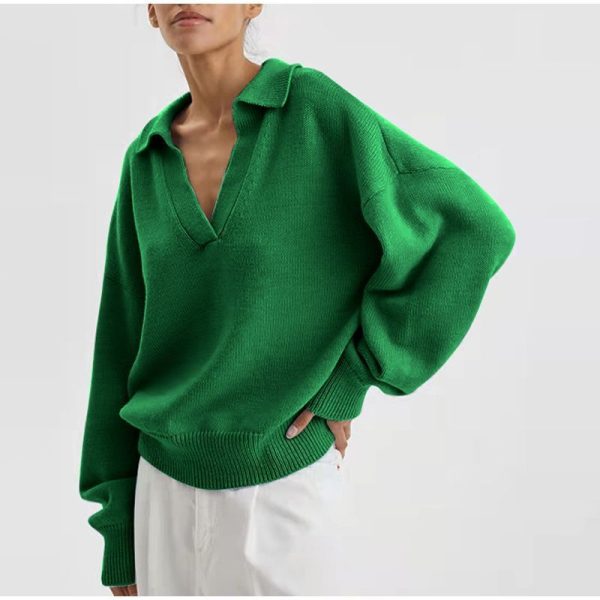 High quality turn down collar solid color pure color jumper mujer women casual pullover INS style sweater