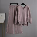Trending Fashion V neck oversize cable sweaters wide leg pants elegant knitted loungewear women two piece pants set