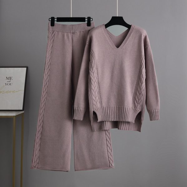 Trending Fashion V neck oversize cable sweaters wide leg pants elegant knitted loungewear women two piece pants set