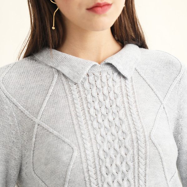 New design spring summer lapel collar cable knit sweaters women pullover long sleeve knitted sweater