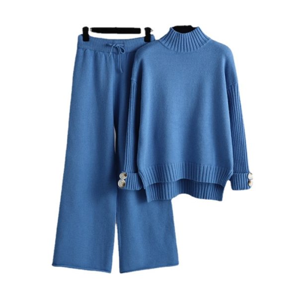 Trending Fashion rolled neck sweaters wide leg pants 2 piece set women knitted winter autumn casual streetwear