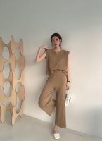 Trending Fashion summer sleeveless basic sweaters wide leg pants elegant knitted loungewear women two piece pants set