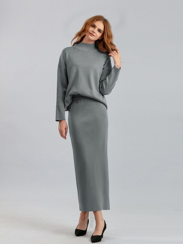 autumn winter casual loose knitted dress high waist side split two piece skirts set elegant women sweater outfits