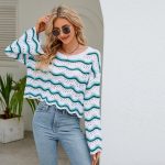 round neck striped sweaters women pullover oversize hollow out wave edge beach wear jumper mujer