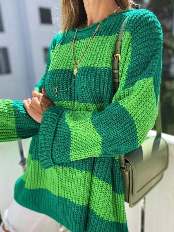 casual Trendy fashion women pullover knitwear long sleeve crew-neck stripe top knitted sweater
