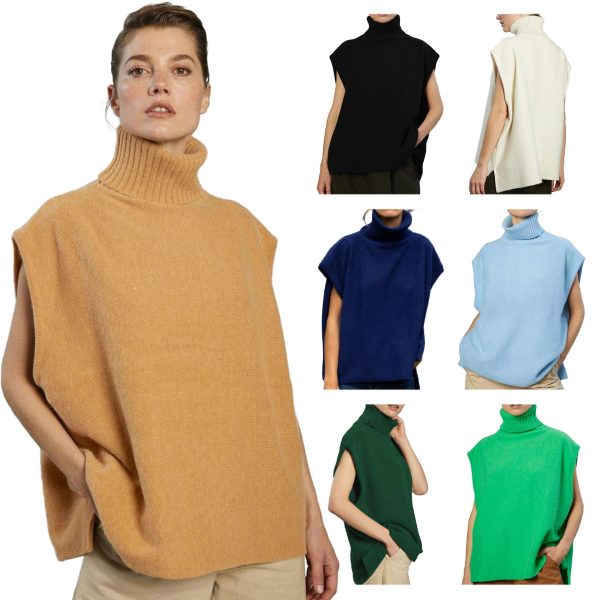 Autumn Winter rolled collar sweaters pure color oversize knit vest sleeveless thicken jumpers women 2026