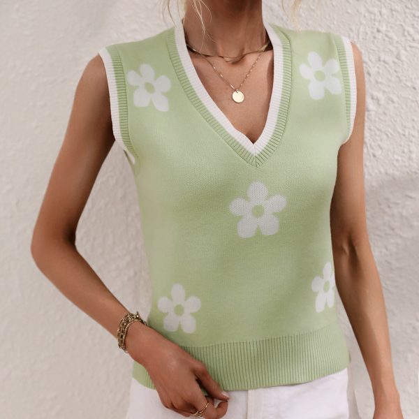 Hot sales flower print v neck women knitwear color blocking elegant v neck knitted sleeveless sweater